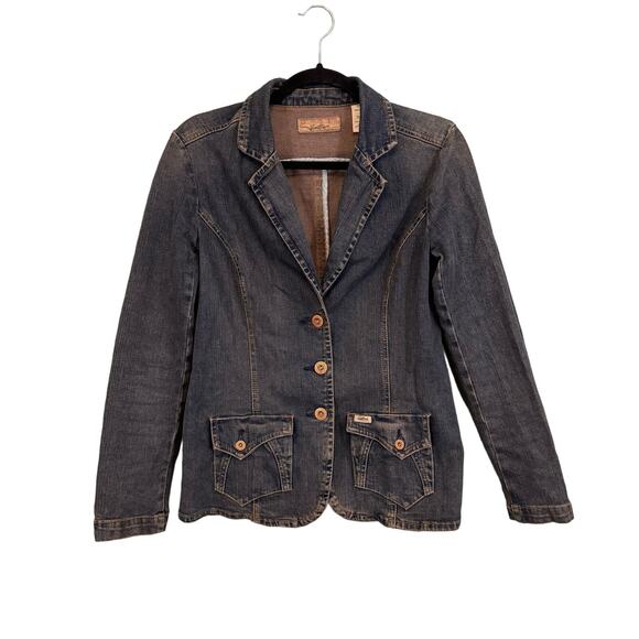 VINTAGE Levi Strauss Signature Blazer Jacket Women M Blue Jean Collared 3 Button - Picture 1 of 6